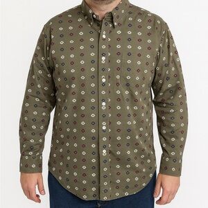 Natural Issue Button-Down Shirt XL – Olive Green Geometric Print